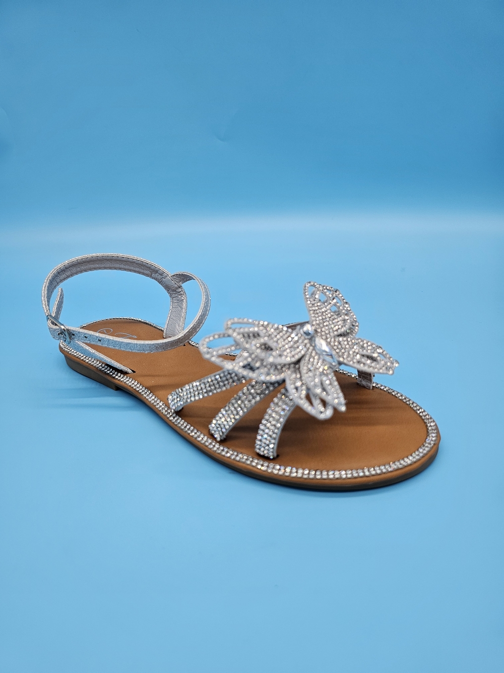 Embellished Silver Butterfly T-Strap Sandals for Women